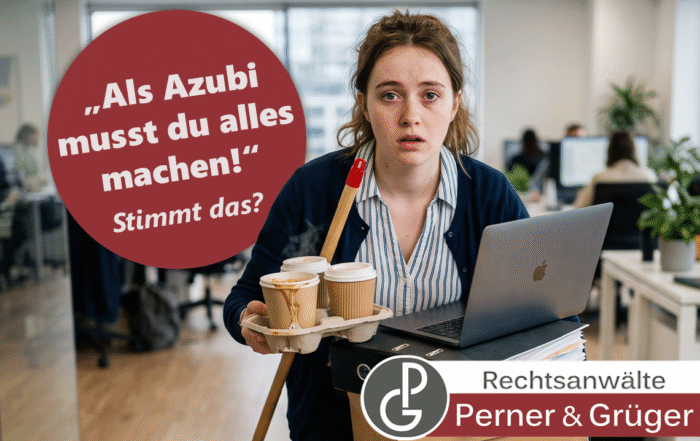 Überforderte Auszubildende im Büro mit Laptop, Akten und Kaffeebechern – „Als Azubi musst du alles machen! Stimmt das?“